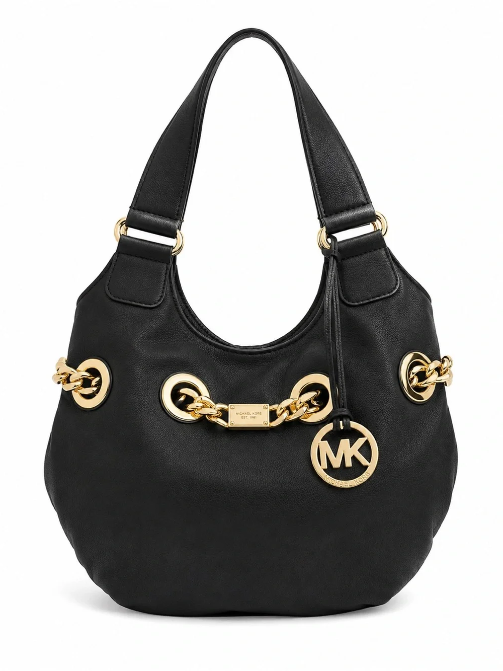 Michael Kors Black Pebbled Leather Gold Chain Grommet Hobo Shoulder Bag